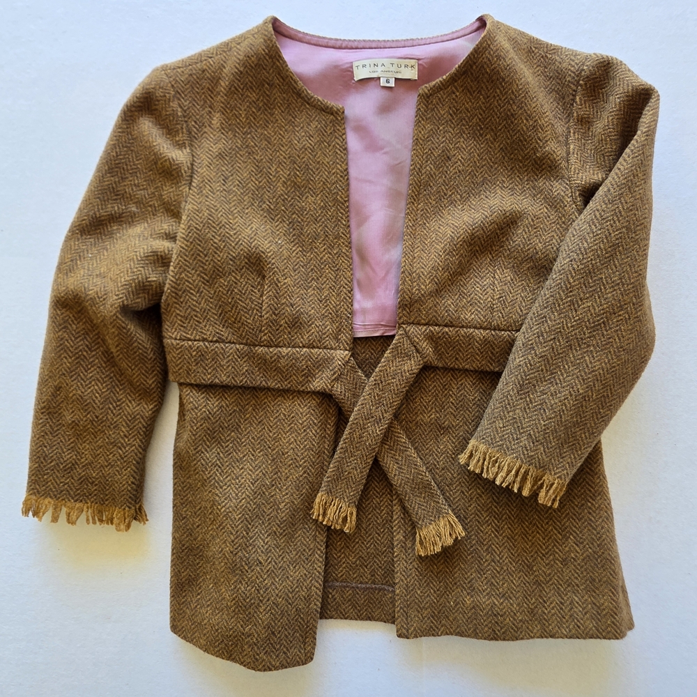 Trina Turk Tan Herringbone Belted Jacket with Pink Lining